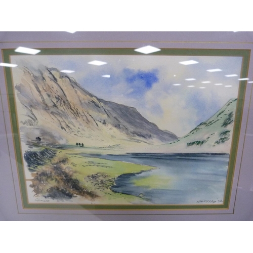 67 - Glencoe, watercolours of village scenes and an etching of a highlander.