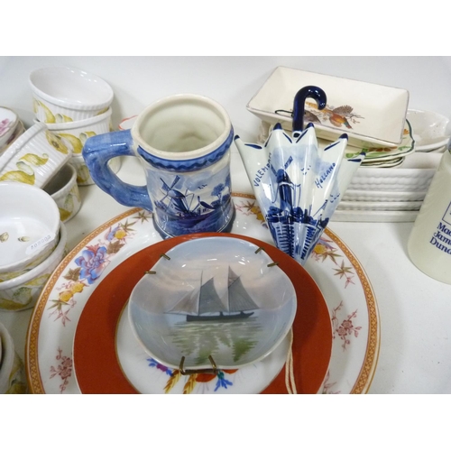 69 - Assorted kitchen ceramics including Derby Ironstone dishes.