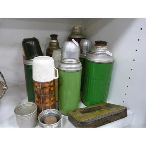 73 - Vintage Thermos flasks, assorted plated ware, teapot, sugar bowl, posy vase etc.