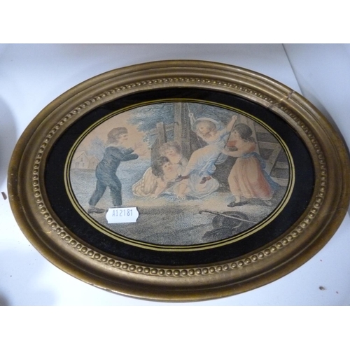 82 - Three oval framed mezzotints depicting children playing.