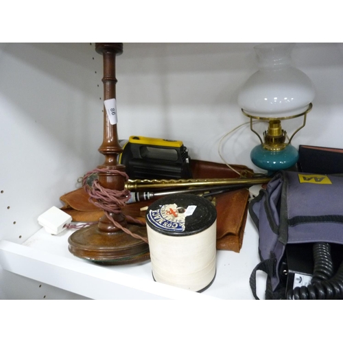 86 - Leather music bag, books, lamps etc.