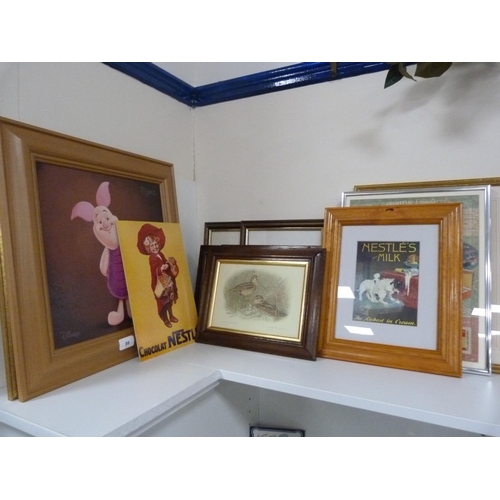 89 - Assorted prints including birds, confectionery adverts, Disney print of Piglet.