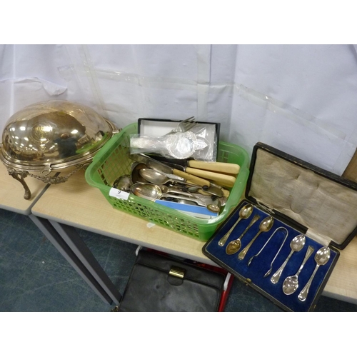 9 - Carton of flatware including tea strainer, silver coffee spoons, warming tray and a cased set of pla... 