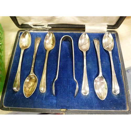 9 - Carton of flatware including tea strainer, silver coffee spoons, warming tray and a cased set of pla... 