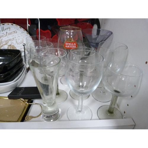 90 - Kitchenalia including glasses, mugs, tray, cocktail shaker, trays, stationery box etc.