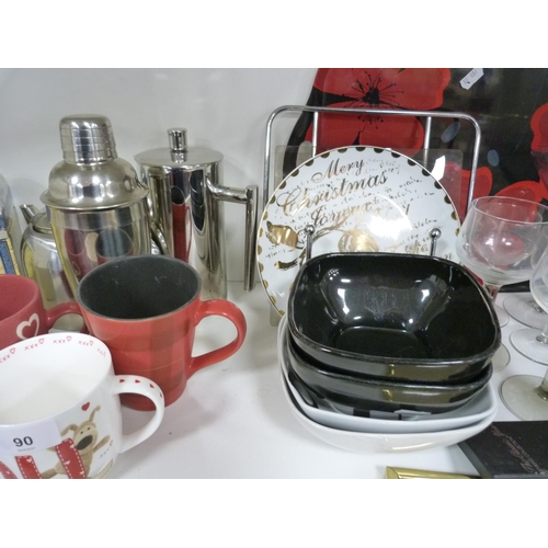 90 - Kitchenalia including glasses, mugs, tray, cocktail shaker, trays, stationery box etc.