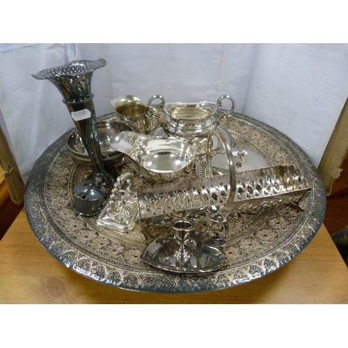 95 - Plated ware including sauce boat, posy vase, silver candle holder etc.