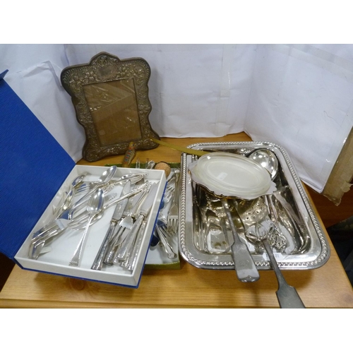 97 - Vintage photograph frame, flatware, tray, dessert knives.