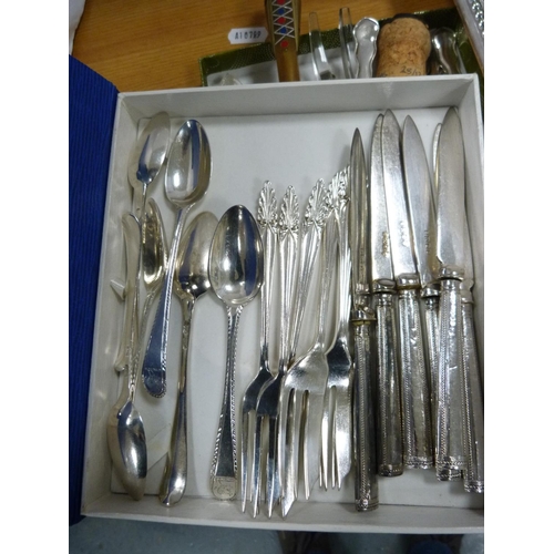 97 - Vintage photograph frame, flatware, tray, dessert knives.