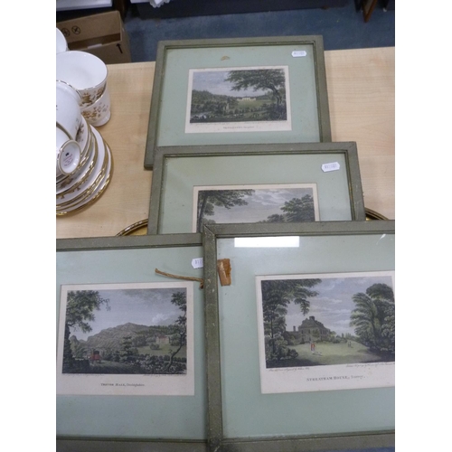 98 - Set of four coloured engravings, two Georgian oval mezzotint scenes and another.