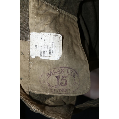 1133 - British Army uniform, a British Army khaki green battledress jacket with Relax Ltd of Wellington lab... 