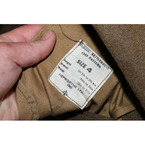 1141 - British Army uniform, a British Army khaki green battledress jacket with Hepworths Ltd label dated 1... 