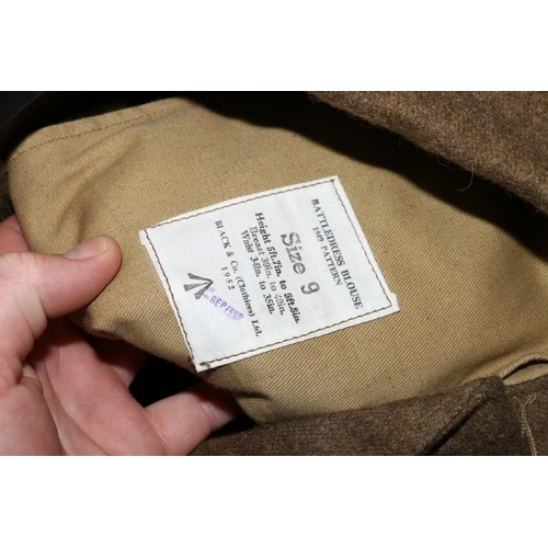 1144 - British Army uniform, a British Army khaki green battledress jacket with Black and Co (Clothiers) Lt... 