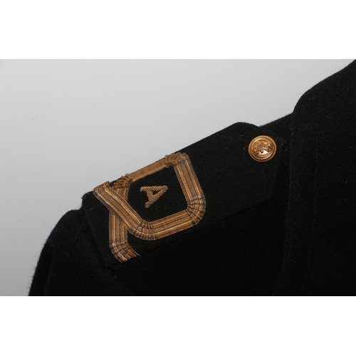 1151 - British Navy uniform, a black greatcoat with brass naval buttons, bullion wire epaulette rank insign... 