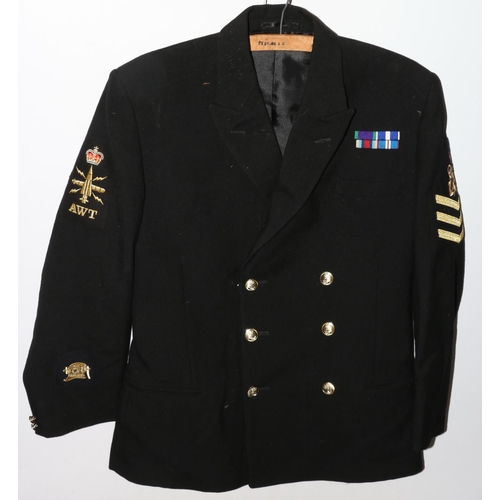 1152 - British Naval uniform, a Royal Navy black jacket with TKS staybrite anchor buttons, bullion wire AWT... 