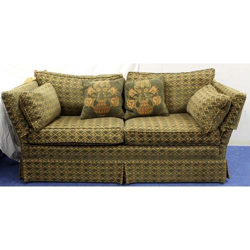 573 - Peter Guild three seater Knole sofa upholstered in green and gold boucle moquette, with four scatter... 