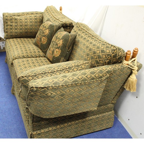 573 - Peter Guild three seater Knole sofa upholstered in green and gold boucle moquette, with four scatter... 