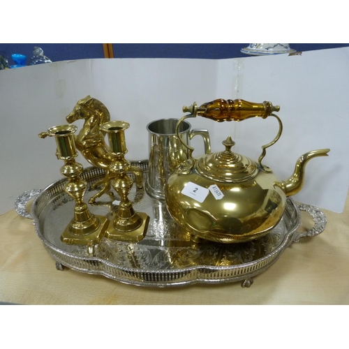 2 - EPNS galleried tray, tankard, brass kettle, pair of candlesticks and a horse model.