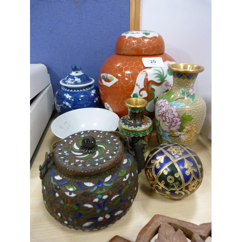 20 - Collection of oriental to include two ginger jars, cloisonné teapot, two vases etc.