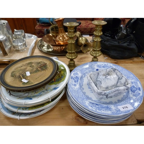 276 - Set of six J & MP Bell's Triumphal Car collector's plates, brass candlesticks etc.