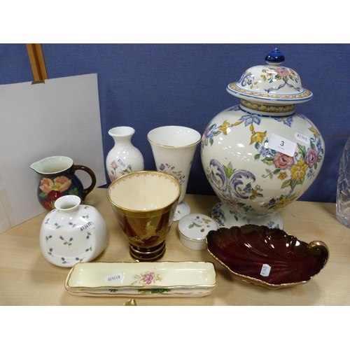 3 - Continental floral decorated jar and cover, two pieces of Carlton Ware Rouge Royale, two Coalport va... 