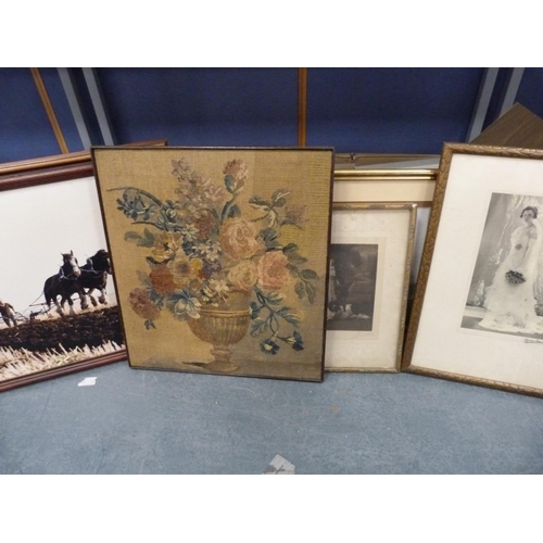 31 - Collection of pictures to include needleworks, vintage portrait photographs etc.