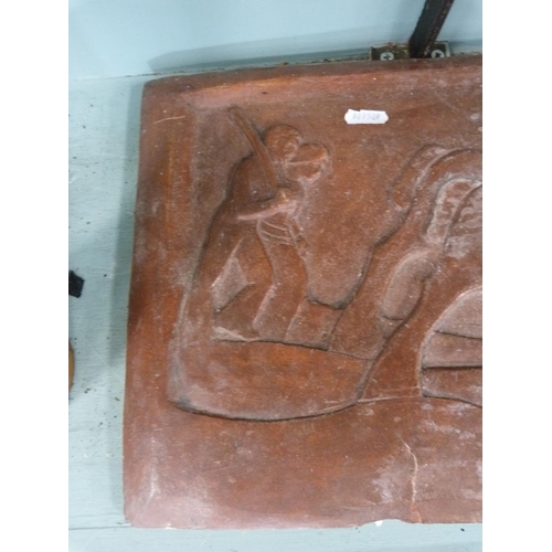 310 - Rectangular pottery plaque depicting ploughing.