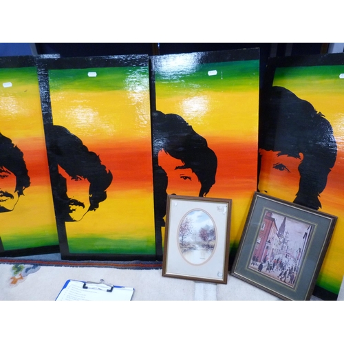 39 - Collection of prints including four painted panels depicting The Beatles etc.