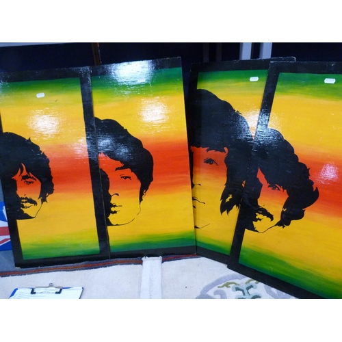 39 - Collection of prints including four painted panels depicting The Beatles etc.