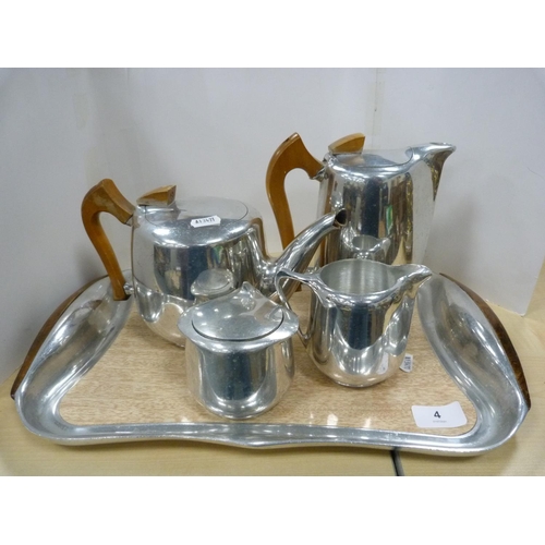 4 - Four-piece Picquot ware tea set on tray.