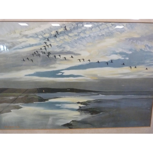 42 - AFTER PETER SCOTT, geese in flight, collotype watercolour print, dated 1937, FRED A FARRELL, la... 