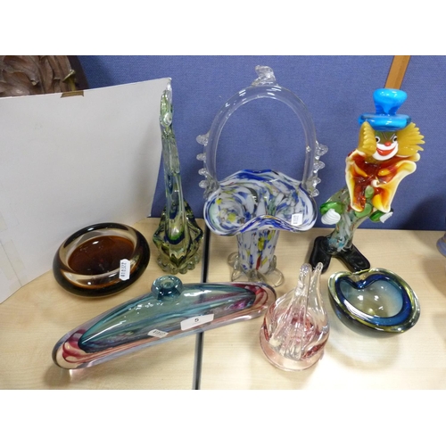 5 - Collection of coloured art glass to including Murano clown, basket etc.