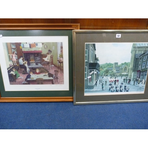 52 - Framed print, 'Evening at Home', and a pencil signed Tom Dudgeon street scene.