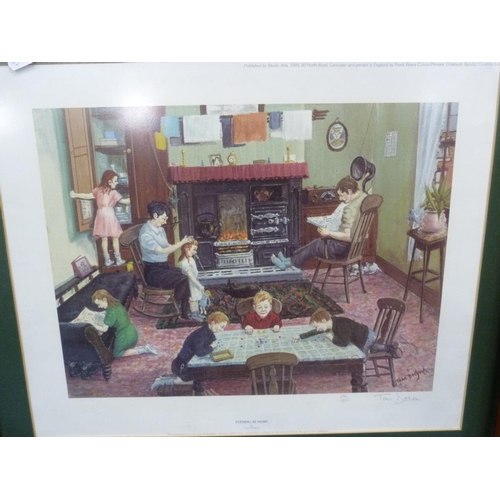 52 - Framed print, 'Evening at Home', and a pencil signed Tom Dudgeon street scene.