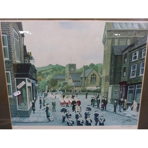 52 - Framed print, 'Evening at Home', and a pencil signed Tom Dudgeon street scene.