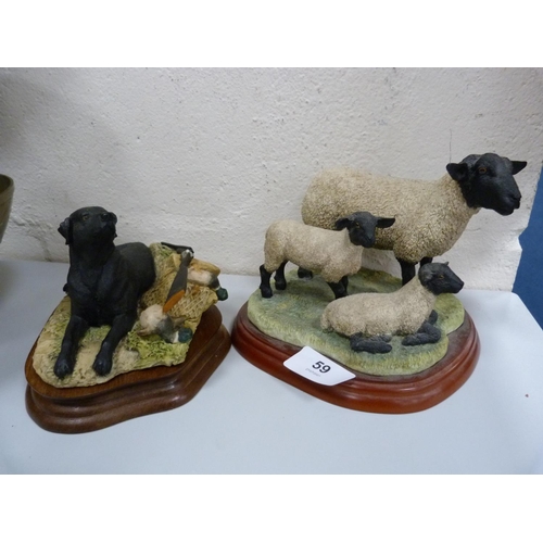 59 - Border Fine Arts model of a Suffolk ewe and lamb, and another of a black labrador with gun.  (2)