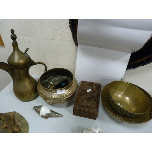 61 - Carved eastern box, three Benares brass bowls, a ewer etc.