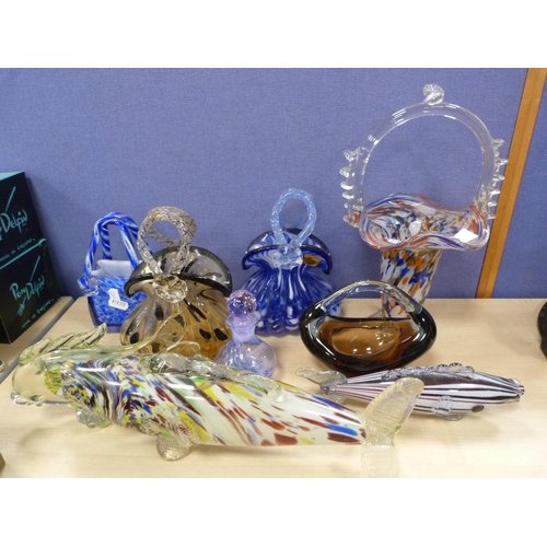 8 - Collection of coloured art glass to include Murano style fish, baskets etc.