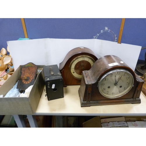 9 - Two mantel clocks, one wall clock and a box camera.