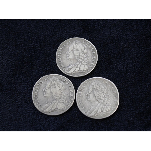 97 - United Kingdom. George II. Three silver sixpences dates to include two 1757 & one 1758 all mostl... 