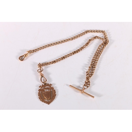 109 - 9ct rose gold double strand curb link watch guard with 9ct gold fob, 29.6g