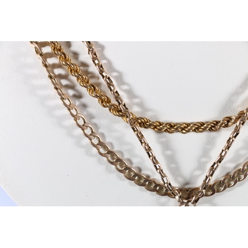 121 - 9ct gold curb link neck chain 5g, a 10ct gold watch guard 7.2g and a 9ct yellow gold rope twist chai... 
