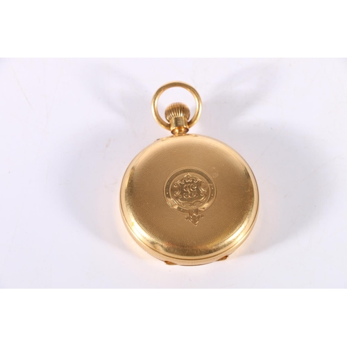 139 - 18ct gold cased open face keyless pocket watch by Benson of London, the white enamel dial with Roman... 