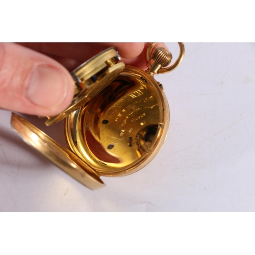 139 - 18ct gold cased open face keyless pocket watch by Benson of London, the white enamel dial with Roman... 