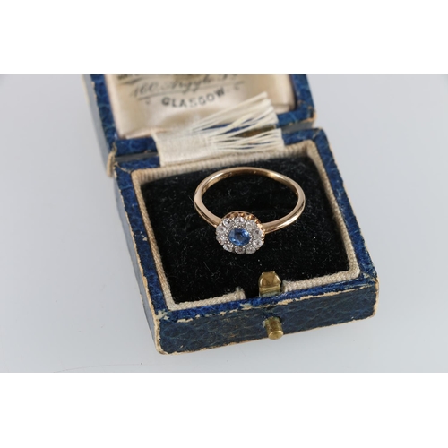 151 - Antique unhallmarked gold sapphire and diamond ring, the stones arranged in a flowerhead design, rin... 