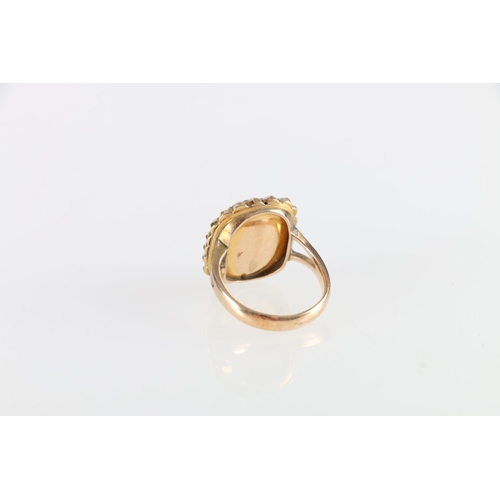 159 - Unhallmarked yellow metal amethyst and pearl dress ring, size K, 6.5g