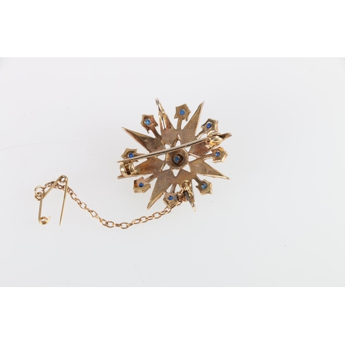 163 - Unhallmarked yellow metal star brooch set with seed pearls and sapphires, makers mark H&SL, 4.9g... 