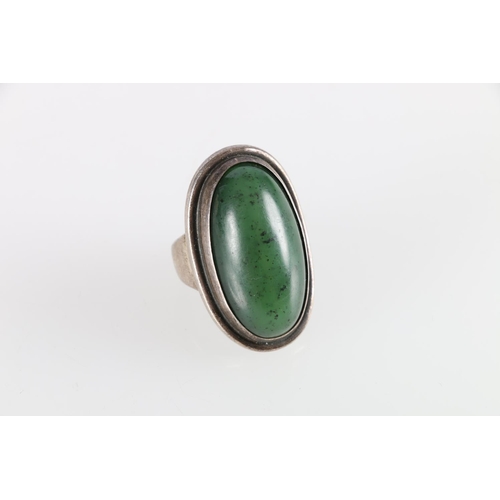 165 - Georg Jensen of Denmark Sterling silver ring set with oval cabochon green stone, after Harald Nielse... 