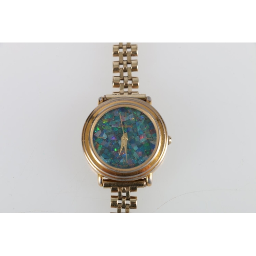195 - Le Crystal quartz wrist watch with Australian Opal dial on 9ct gold bracelet, 25g gross