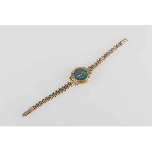 195 - Le Crystal quartz wrist watch with Australian Opal dial on 9ct gold bracelet, 25g gross